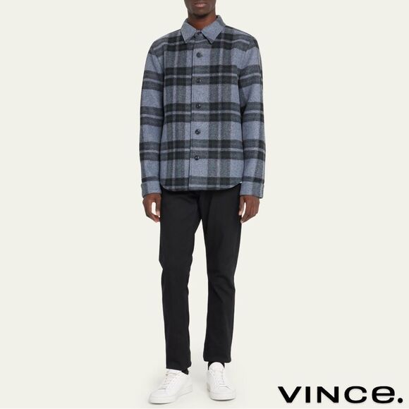 Vince **NWT** Heavy Knit Brushed Flannel Plaid Shirt Jacket in Heather Blue - Picture 10 of 16
